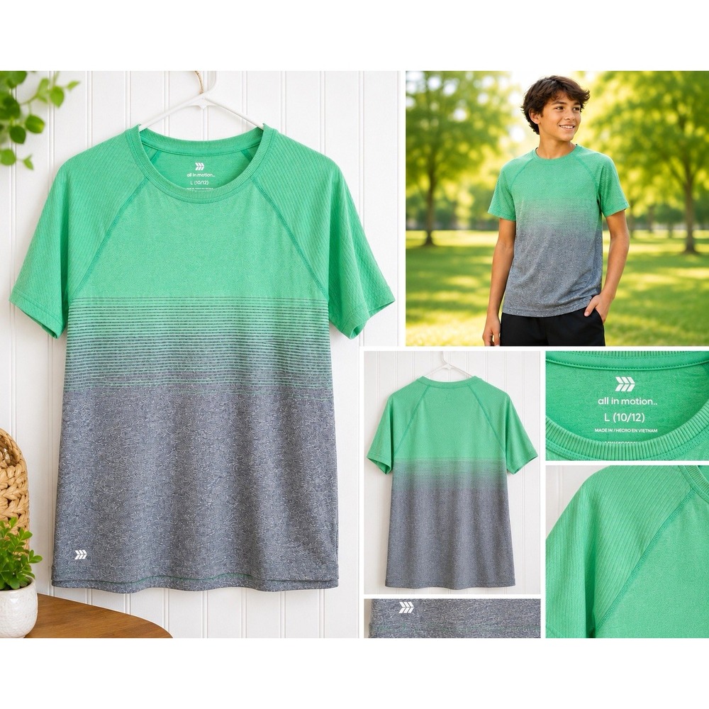 All in Motion Boys L (10/12) Green/Gray Colorblock Crew Neck T-Shirt Poly